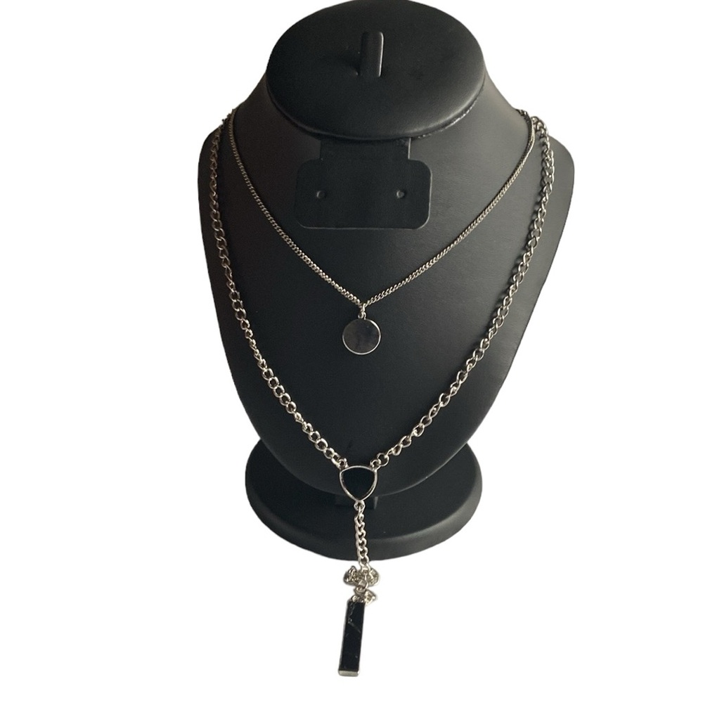 Silver Layered Multi Chain Circular Pendant & Bar Charm Necklace Bohemian Chic